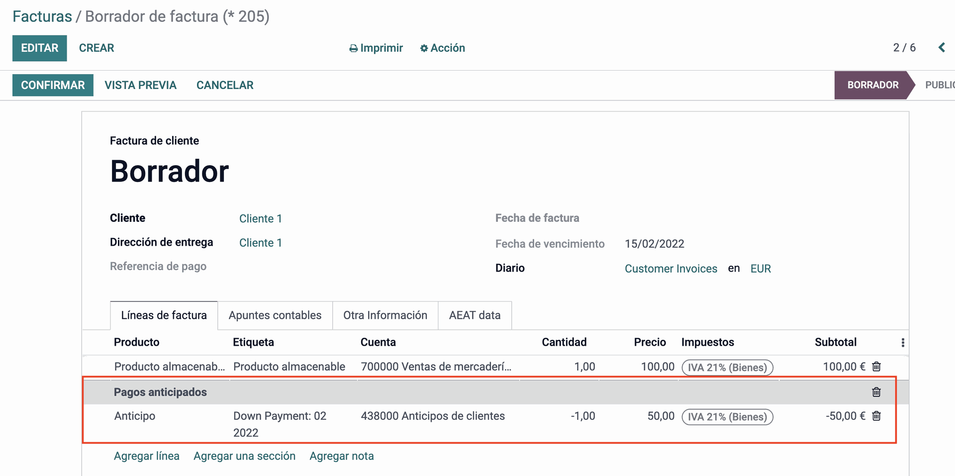 Gestión de anticipos de cliente en